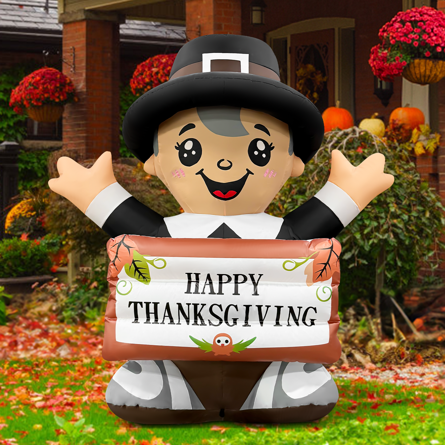 GOOSH 5FT Thanksgiving Pilgrim Boy Inflatable with Sign and LED Lights