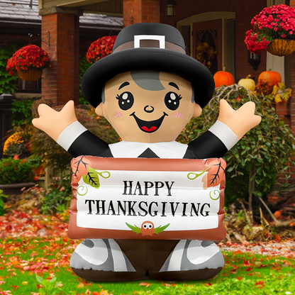 GOOSH 5FT Thanksgiving Pilgrim Boy Inflatable with Sign and LED Lights