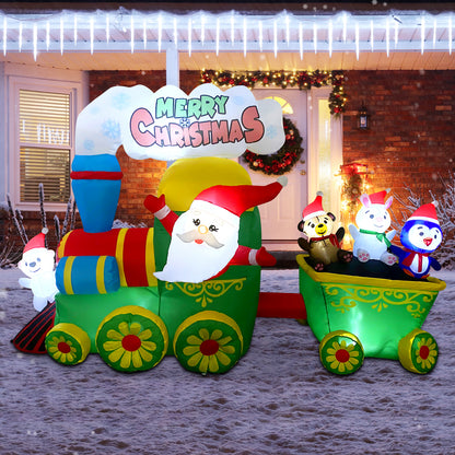 GOOSH 8ft Christmas Inflatables Outdoor Decorations, Blow Up Santa Claus Penguin Bear Rabbit in Train Inflatable with Built-in LEDs for Christmas Indoor Outdoor Yard Lawn Garden Decorations #27263