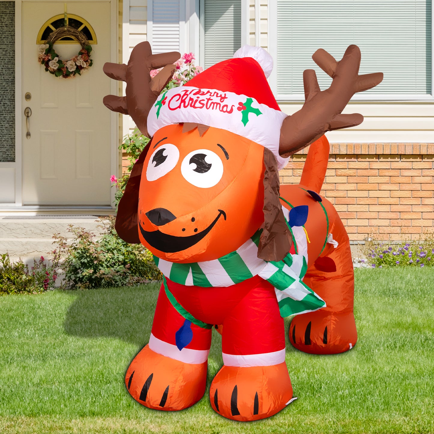 GOOSH Christmas Inflatable 4FT Long Christmas Dog with Antler Hat, Built-in LEDs Blow Up Yard Decoration for Holiday Party Indoor, Outdoor, Yard, Garden, Lawn #27257