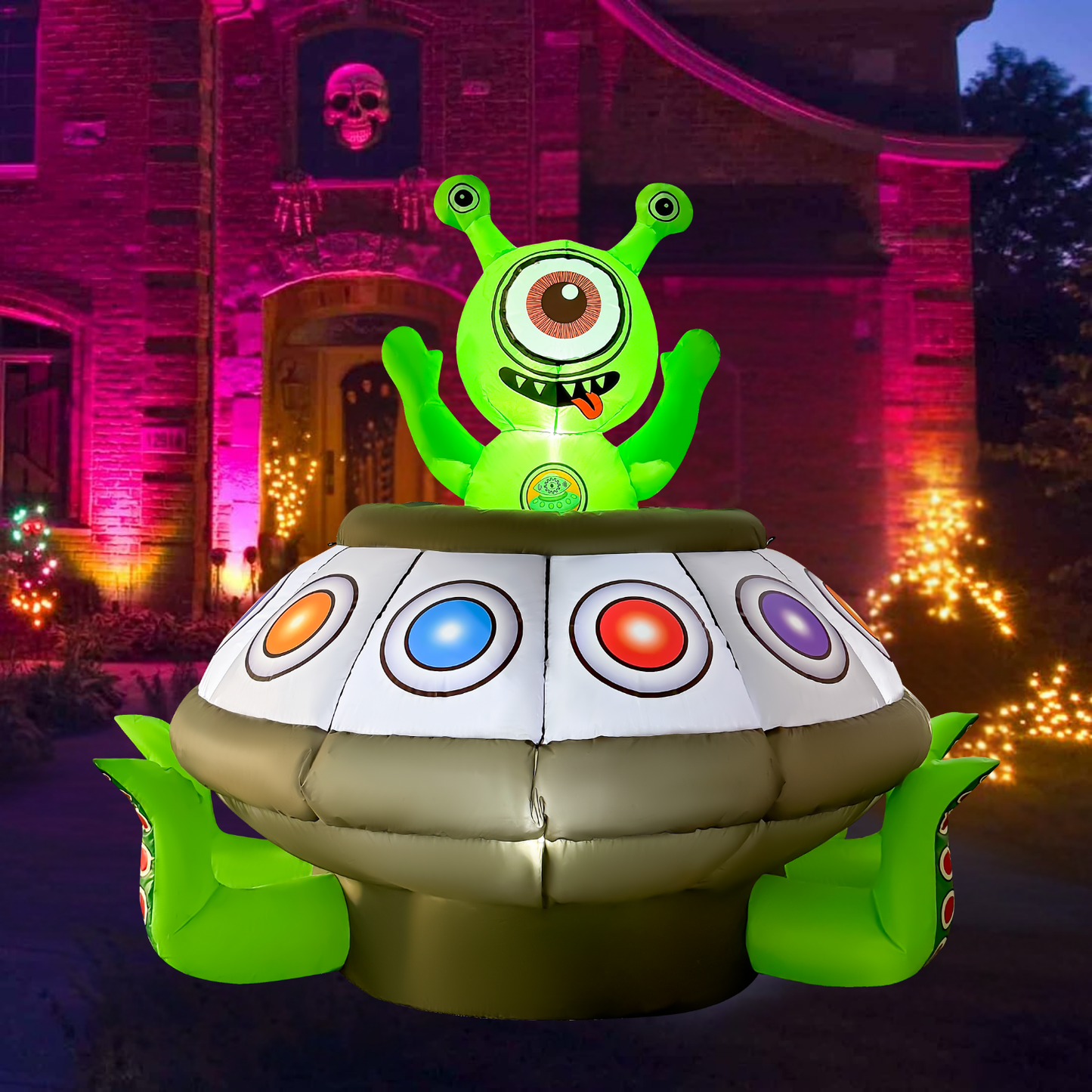 GOOSH 5.2FT Animated Inflatable Alien in UFO – Light-Up Halloween Yard Decoration