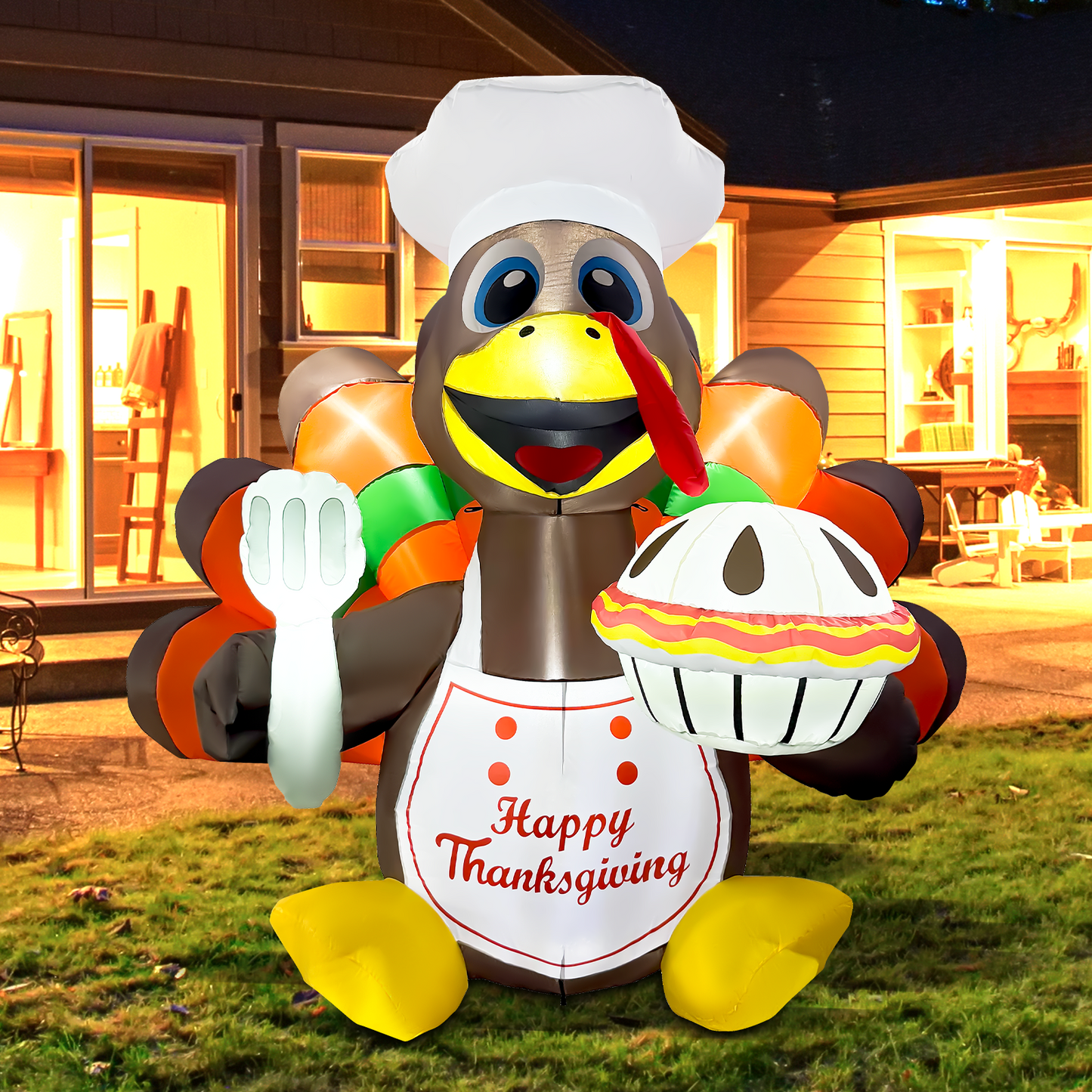 GOOSH 6FT Thanksgiving Turkey Chef Inflatable with Pumpkin Pie and LED Lights