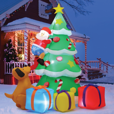 7 Foot Christmas Outdoor Decorations Inflatable Tree Claus Climbing on Christmas Tree Chased by Dog and Giftbox Decoration
