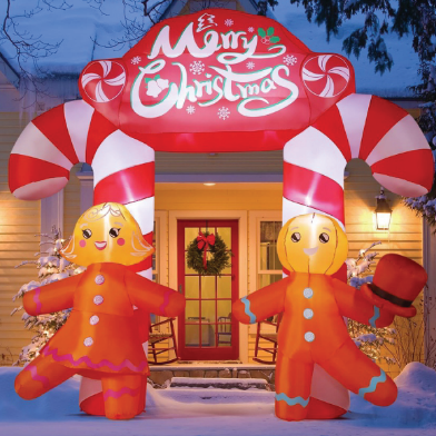 GOOSH 9.6 FT Christmas Inflatables Archway Outdoor Decorations Blow Up Yard Cute Candy Cane Archway with Couple Gingerbread with Built-in LEDs for Xmas Garden Lawn Indoor Party Decor