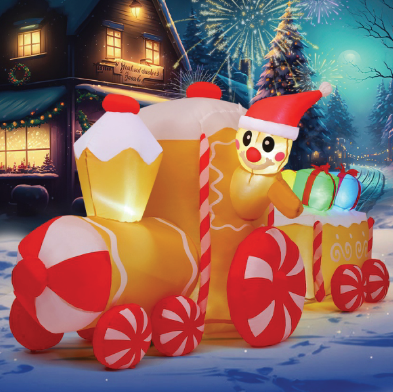 GOOSH 9FT Long Gingerbread Train Christmas Inflatable with LED Lights