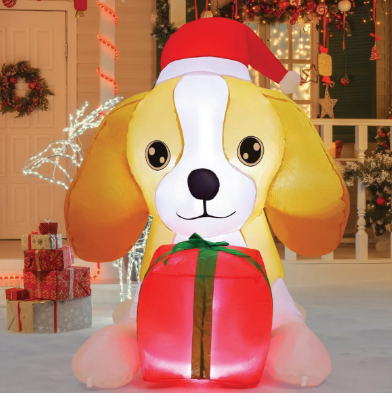 GOOSH 5 FT Long Christmas Inflatables Dog Outdoor Decorations Blow Up Yard Cute Puppy with a Present Box with Built-in LEDs for Xmas Garden Lawn Indoor Party Decor