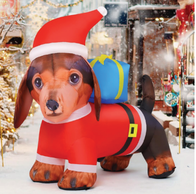 4 FT Long Christmas Inflatable Dog with Blue Gift and Christmas Hat