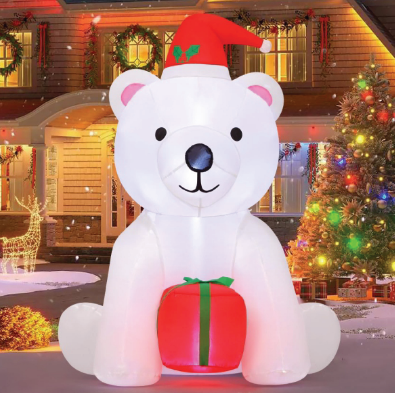 GOOSH 5 Ft Christmas Inflatable Bear Outdoor Decorations Blow Up Yard A White Bear Holding a Present with Built-in LEDs for Indoor Party Garden Lawn Decor