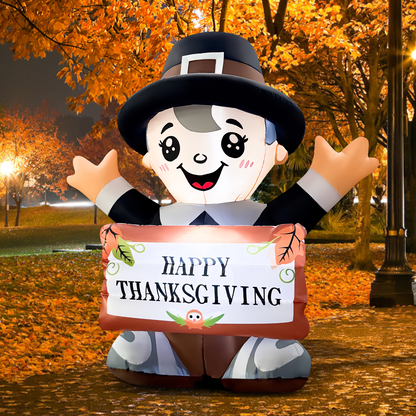 GOOSH 5FT Thanksgiving Pilgrim Boy Inflatable with Sign and LED Lights