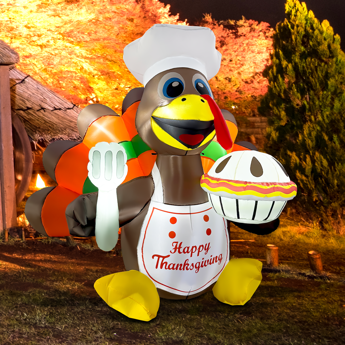 GOOSH 6FT Thanksgiving Turkey Chef Inflatable with Pumpkin Pie and LED Lights