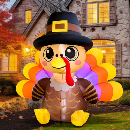 GOOSH 6FT Turkey Thanksgiving Inflatable with Pilgrim Hat and LED Lights