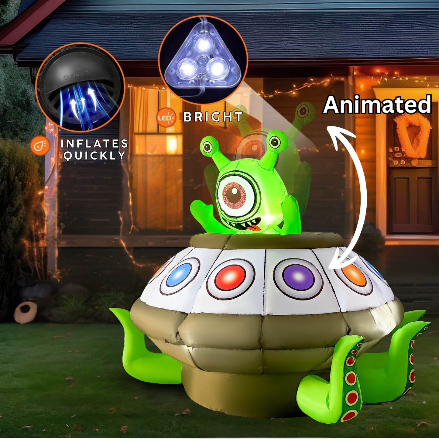 GOOSH 5.2FT Animated Inflatable Alien in UFO – Light-Up Halloween Yard Decoration