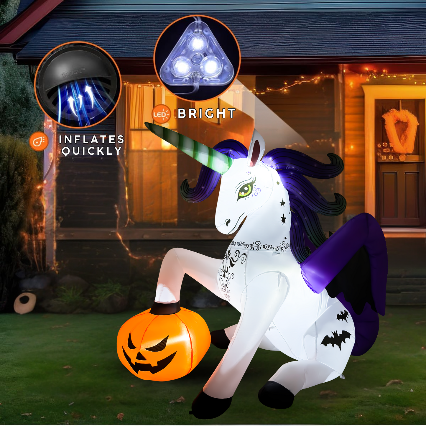GOOSH 6FT Inflatable Halloween Unicorn with Pumpkin – Light-Up Yard Decoration