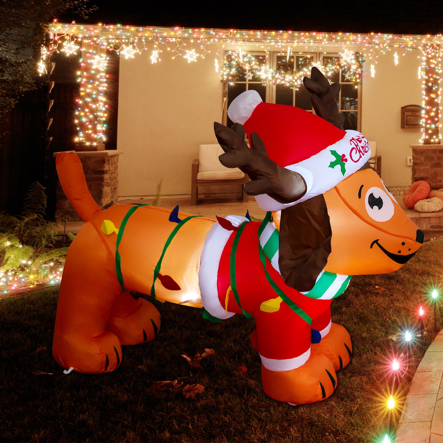 GOOSH Christmas Inflatable 4FT Long Christmas Dog with Antler Hat, Built-in LEDs Blow Up Yard Decoration for Holiday Party Indoor, Outdoor, Yard, Garden, Lawn #27257