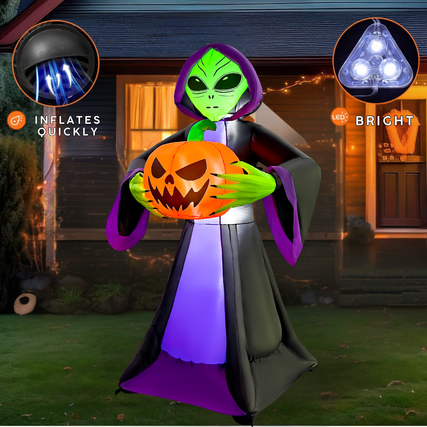 GOOSH 8FT Inflatable Alien Holding Pumpkin – Light-Up Halloween Yard Decoration