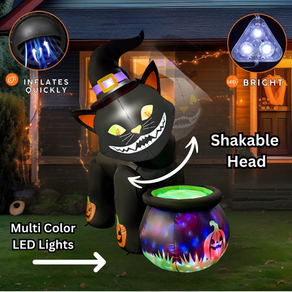 GOOSH 5.2FT Animated Inflatable Black Cat with Witch Hat and Cauldron – Halloween Yard Decoration