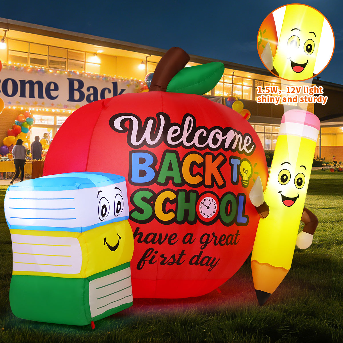 GOOSHY BROTHERS 6.7 FT Back to School Inflatable Decorations Outdoor Inflatable Toys Showing Apple Books and Pencil Book Blow up Yard Decor with LED Lights