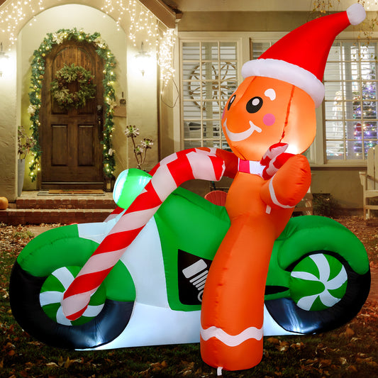 GOOSH 6FT Gingerbread Man on Motorcycle Christmas Inflatable with LEDs