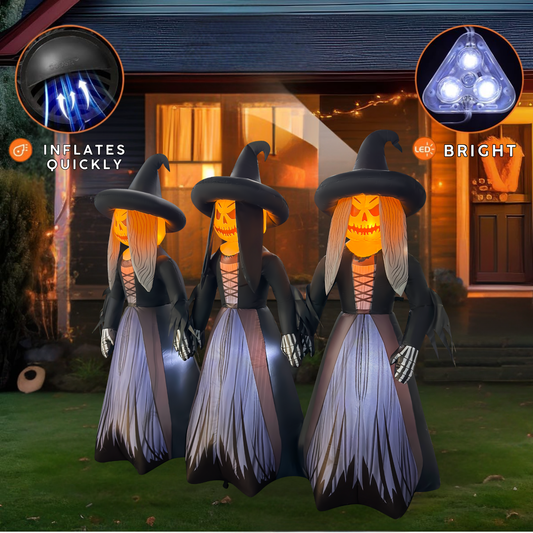 GOOSH 7FT Inflatable Trio of Pumpkin Witches – Light-Up Halloween Yard Decoration