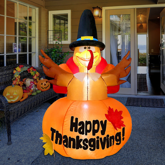 GOOSH 6FT Tall Turkeys in Pumpkin Thanksgiving Inflatable with LEDs