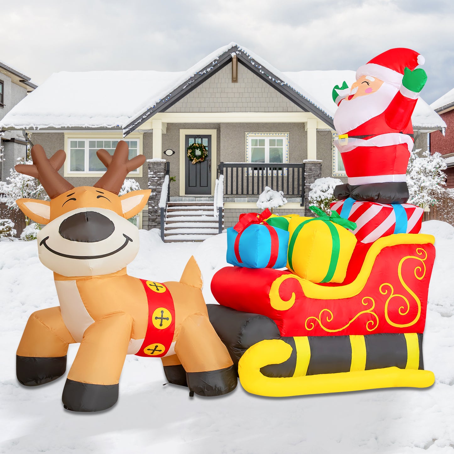 GOOSHY BROTHERS 6.7ft Christmas Inflatables Santa Claus on Sleigh with Reindeer Christmas Built-in LED Lights