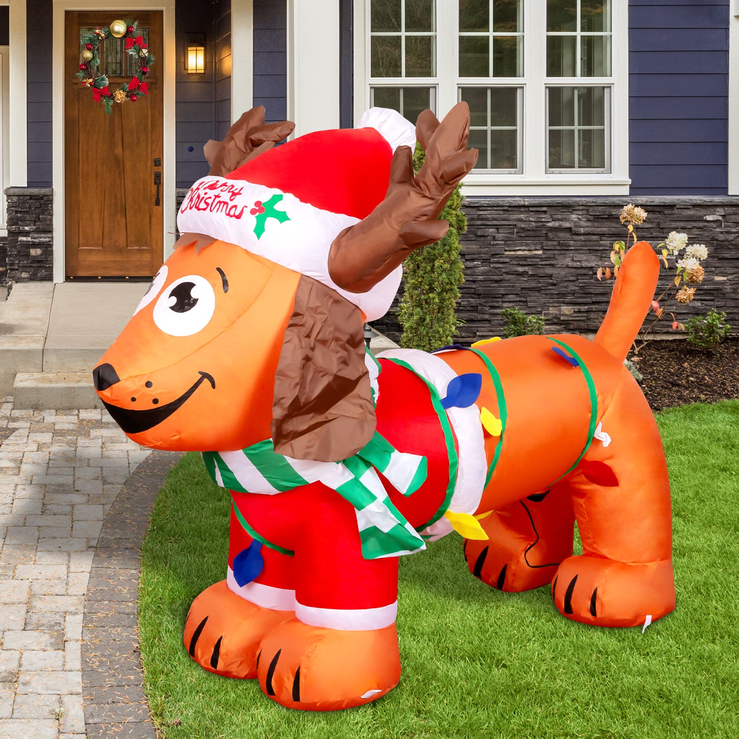 GOOSH Christmas Inflatable 4FT Long Christmas Dog with Antler Hat, Built-in LEDs Blow Up Yard Decoration for Holiday Party Indoor, Outdoor, Yard, Garden, Lawn #27257