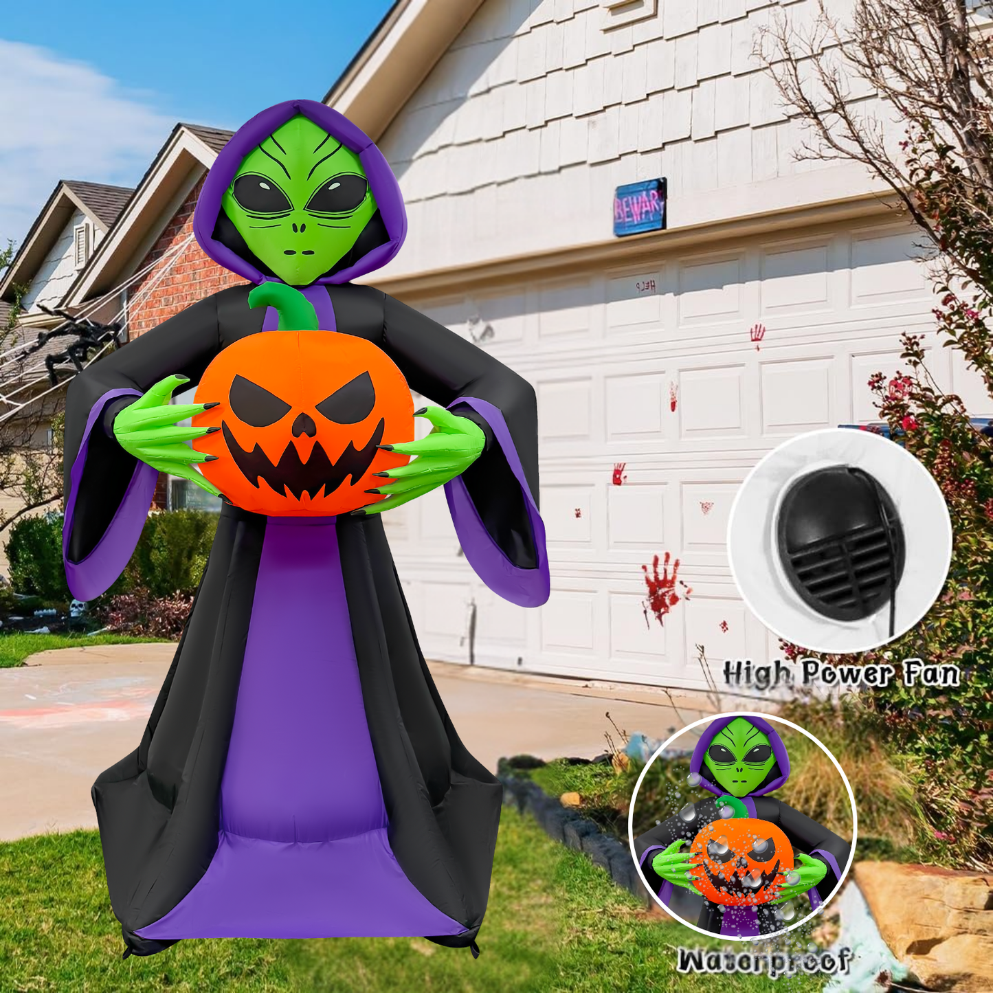 GOOSH 8FT Inflatable Alien Holding Pumpkin – Light-Up Halloween Yard Decoration