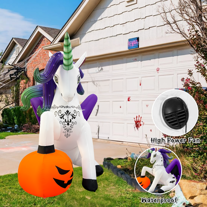 GOOSH 6FT Inflatable Halloween Unicorn with Pumpkin – Light-Up Yard Decoration