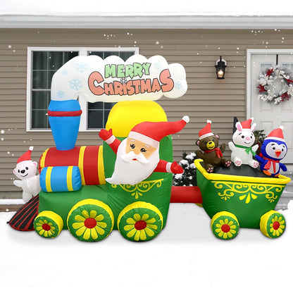 GOOSH 8ft Christmas Inflatables Outdoor Decorations, Blow Up Santa Claus Penguin Bear Rabbit in Train Inflatable with Built-in LEDs for Christmas Indoor Outdoor Yard Lawn Garden Decorations #27263