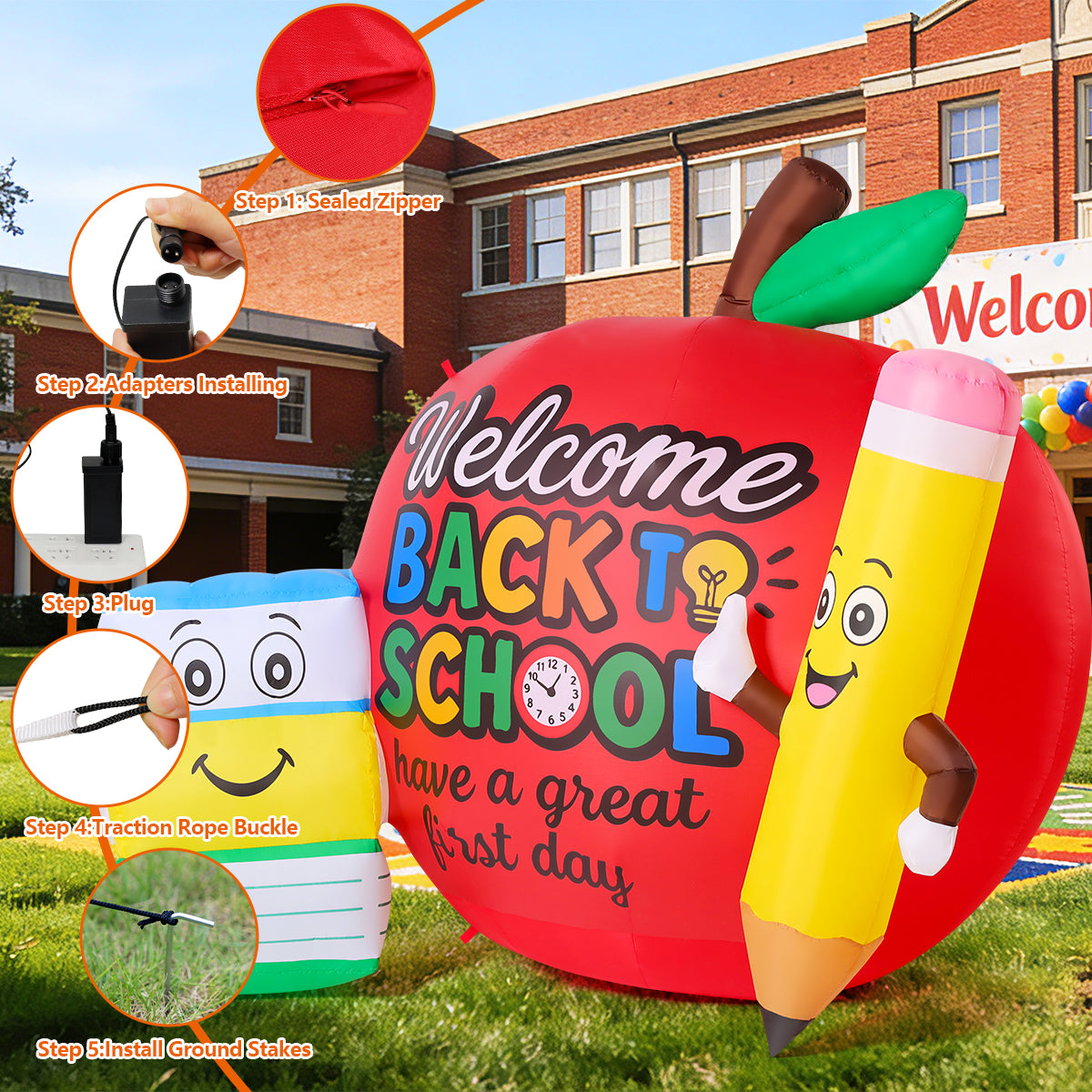 GOOSHY BROTHERS 6.7 FT Back to School Inflatable Decorations Outdoor Inflatable Toys Showing Apple Books and Pencil Book Blow up Yard Decor with LED Lights