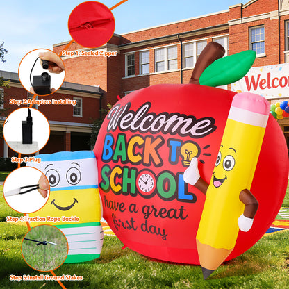 GOOSHY BROTHERS 6.7 FT Back to School Inflatable Decorations Outdoor Inflatable Toys Showing Apple Books and Pencil Book Blow up Yard Decor with LED Lights