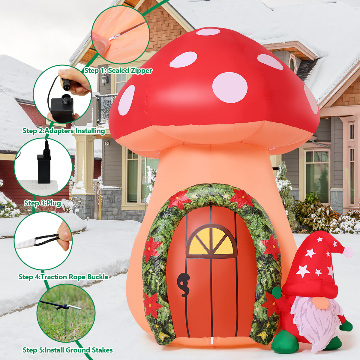 GOOSHY 5.7 FT Christmas Inflatables Outdoor Decorations Inflatable toys showing mushroom and Santa Claus with Built-in LEDs for Yard Party Lawn Decor