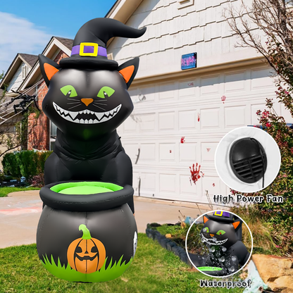 GOOSH 5.2FT Animated Inflatable Black Cat with Witch Hat and Cauldron – Halloween Yard Decoration