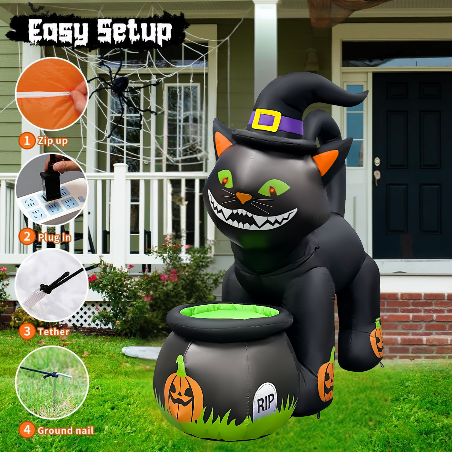 GOOSH 5.2FT Animated Inflatable Black Cat with Witch Hat and Cauldron – Halloween Yard Decoration