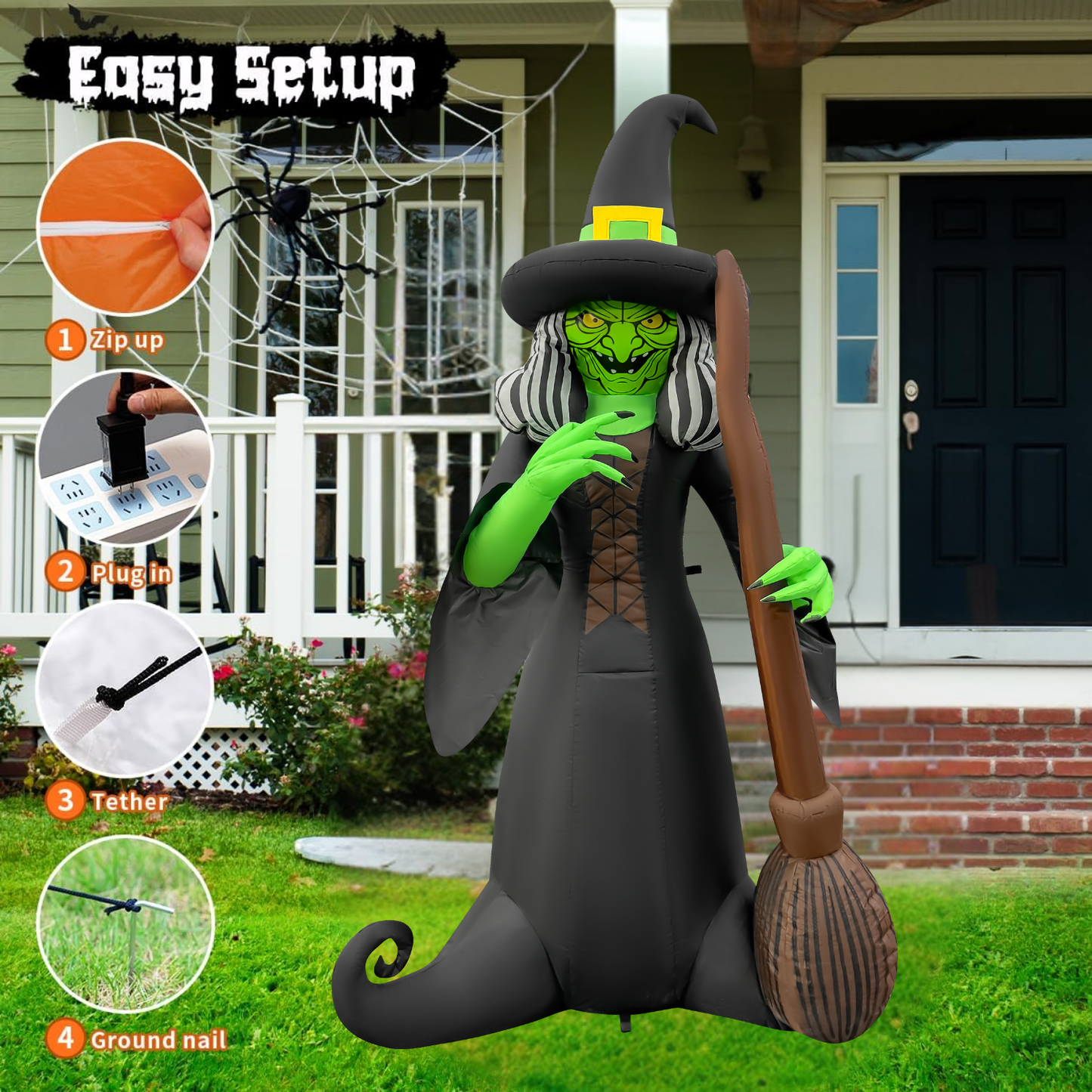 GOOSH 6FT Inflatable Witch with Broom – Light-Up Halloween Yard Decoration