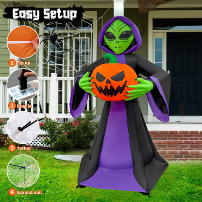 GOOSH 8FT Inflatable Alien Holding Pumpkin – Light-Up Halloween Yard Decoration