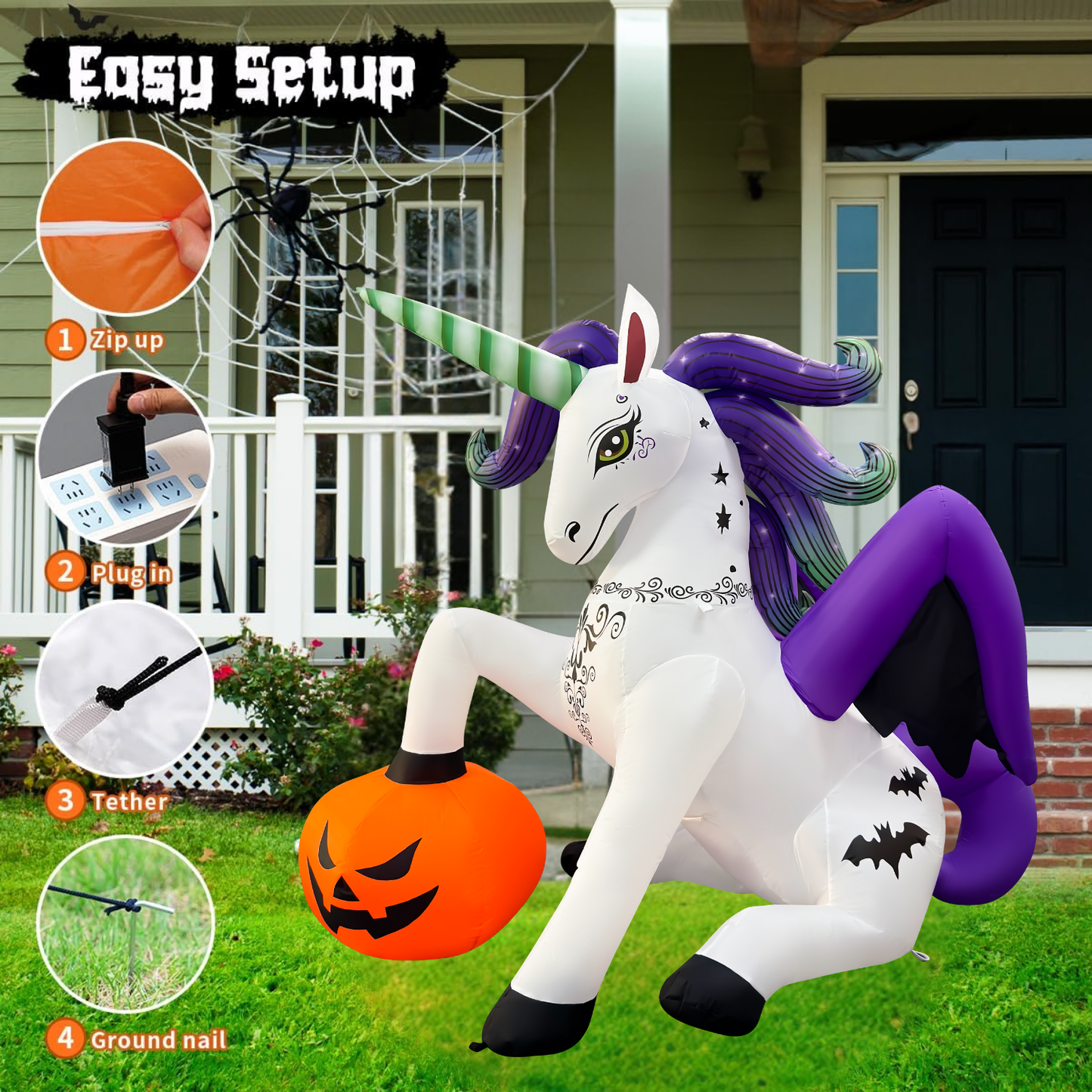 GOOSH 6FT Inflatable Halloween Unicorn with Pumpkin – Light-Up Yard Decoration