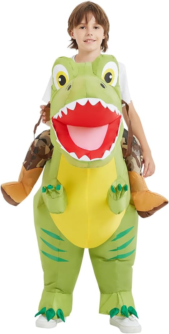 GOOSH Inflatable Dinosaur Costume Kids, Ride on Dinosaur Blow Up Dino Costume Green Funny Dress for Halloween Party