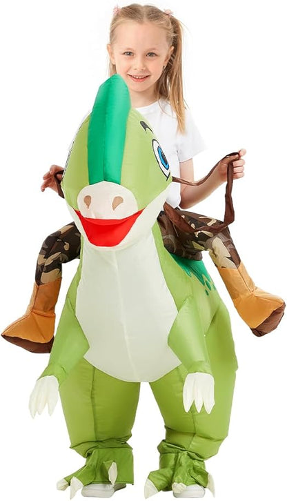 Inflatable Dinosaur Costume Kids, Ride on Parasaurolophus Blow Up Dino Costume Green Funny Fancy Dress for Halloween
