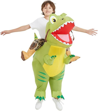 GOOSH Inflatable Dinosaur Costume Kids, Ride on Dinosaur Blow Up Dino Costume Green Funny Dress for Halloween Party
