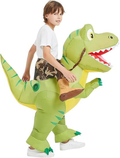 GOOSH Inflatable Dinosaur Costume Kids, Ride on Dinosaur Blow Up Dino Costume Green Funny Dress for Halloween Party