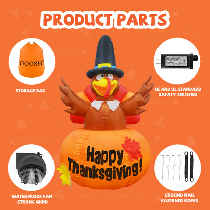 GOOSH 6 Ft Thanksgiving Inflatables Outdoor Decoration Turkey Blow Up Yard Ghost with Built-in LEDs for Indoor Garden Lawn Party Decor