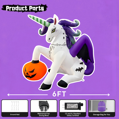 GOOSH 6FT Inflatable Halloween Unicorn with Pumpkin – Light-Up Yard Decoration