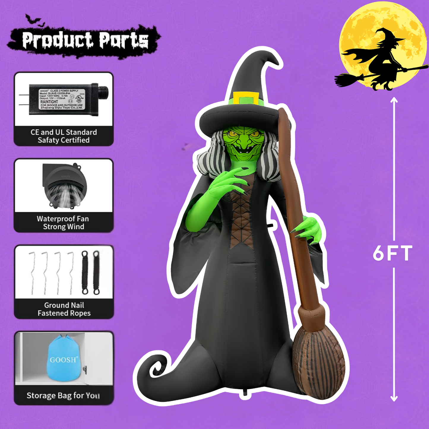 GOOSH 6FT Inflatable Witch with Broom – Light-Up Halloween Yard Decoration