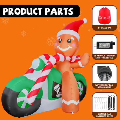 GOOSH 6ft Christmas Inflatables Outdoor Decorations, Blow Up Gingerbread Man On A Motorbike Inflatable with Built-in LEDs for Christmas Indoor Outdoor Yard Lawn Garden Decorations