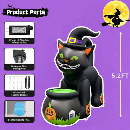 GOOSH 5.2FT Animated Inflatable Black Cat with Witch Hat and Cauldron – Halloween Yard Decoration