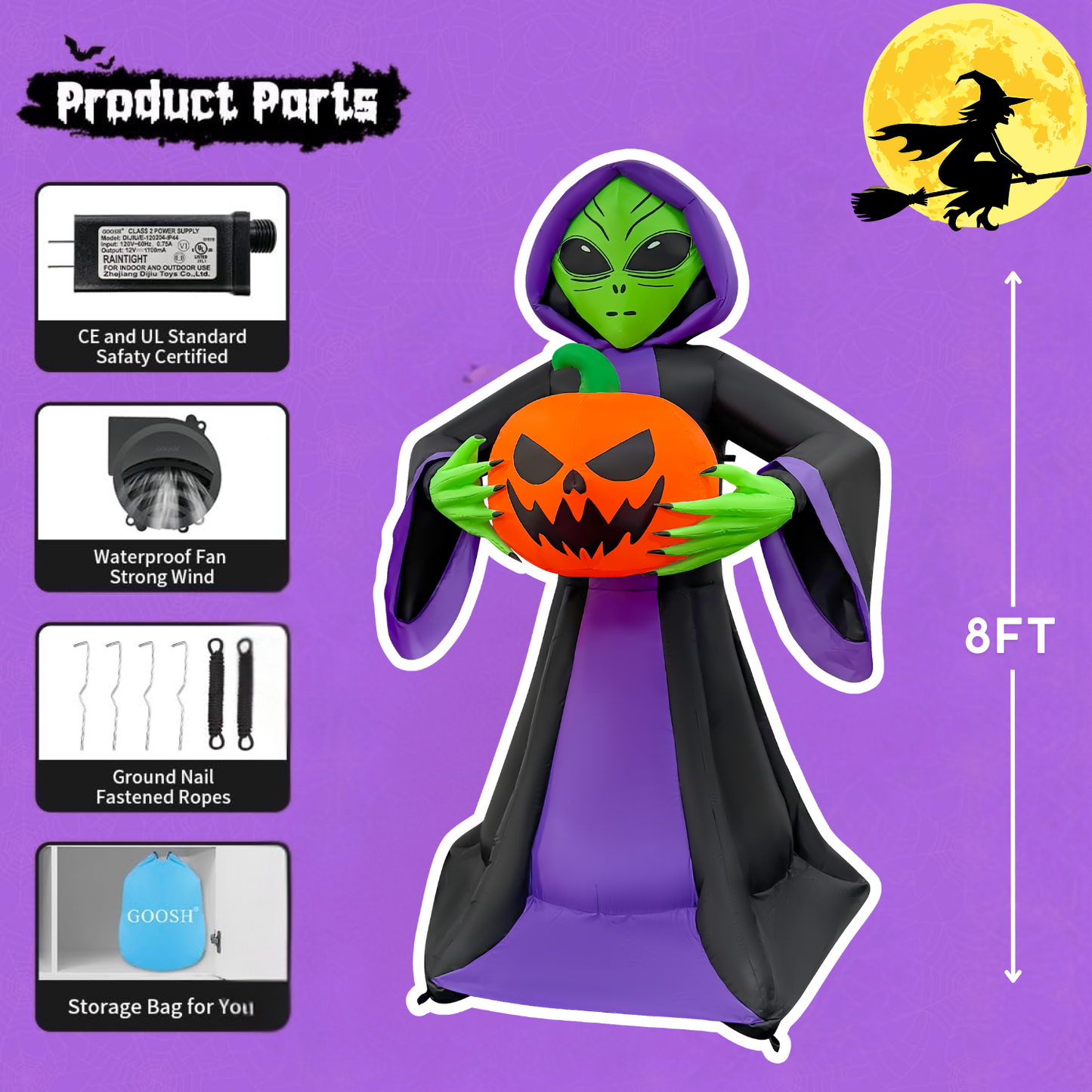 GOOSH 8FT Inflatable Alien Holding Pumpkin – Light-Up Halloween Yard Decoration