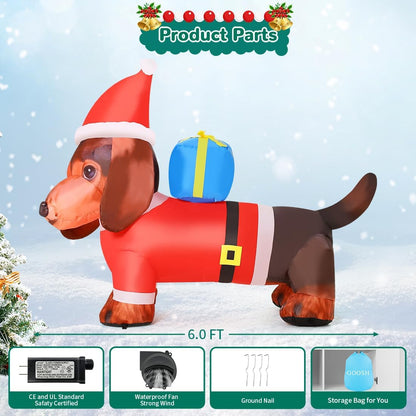 Goosh Inflatable Weiner Dog Lighted Blow Up Christmas Dachshund Dog Yard Decoration with Built in Fan and Anchor Ropes 6 Feet Long