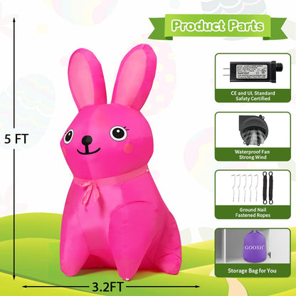 GOOSH 5 FT Easter Inflatables Bunny Outdoor Decorations Blow Up Yard Cute Pink Rabbit with Built-in LEDs for Garden Lawn Indoor Decor