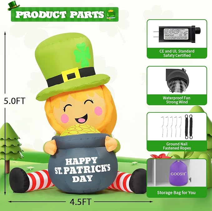 GOOSH 5 FT St Patricks Day Inflatables Outdoor Decorations Blow Up Yard Giant Leprechaun with Gold Coin Pot with Built-in LEDs for Garden Lawn Indoor Party Decor